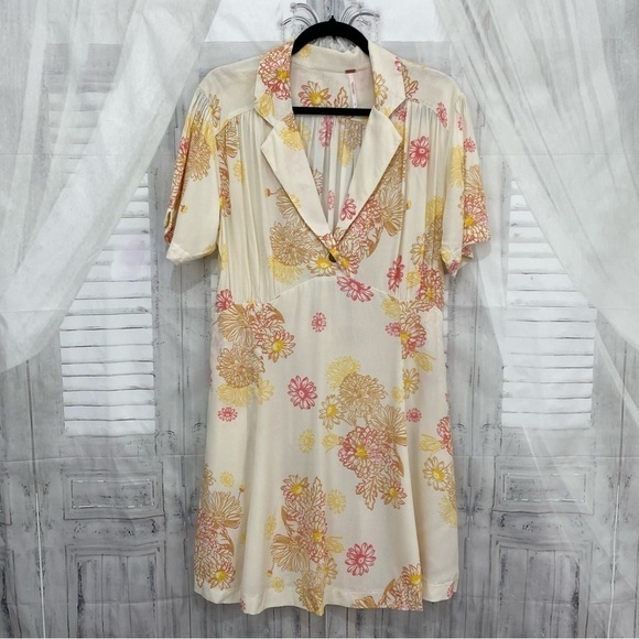 Free People Size Small Hawaii Mini Dress Swing Skirt V Neck Short Sleeve Pockets - Picture 12 of 14